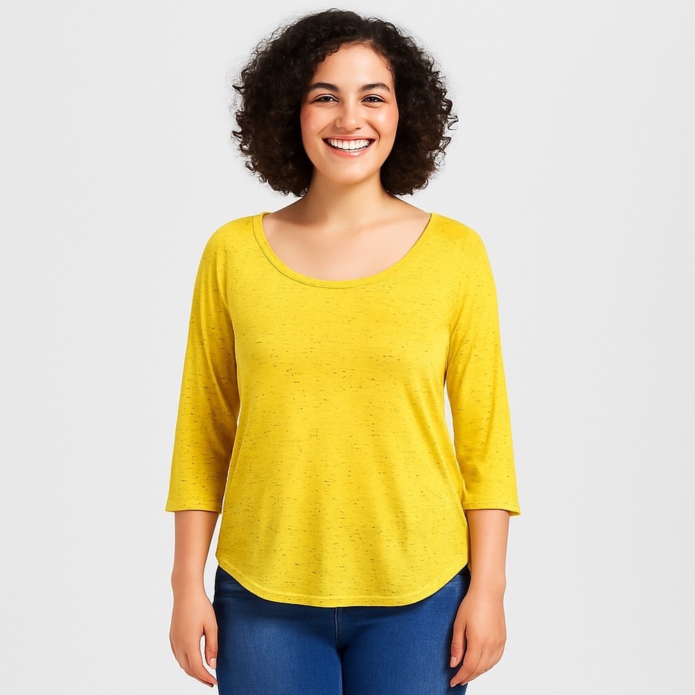 Ambiance Apparel Yellow Speckled 3/4 Sleeve Scoop Neck Top Women Size L 67368